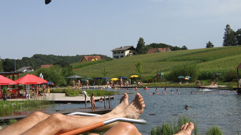Pärchen entspannt im Naturschwimmbad Jagerberg | © Marktgemeinde Jagerberg