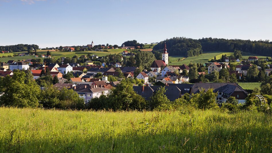 Blick auf Kirchbach in Steiermark in der Gemeinde Kirchbach-Zerlach, umgeben von grünen Wiesen und der sanften Hügellandschaft des Thermen- & Vulkanlands Steiermark. | © Marktgemeinde Kirchbach-Zerlach