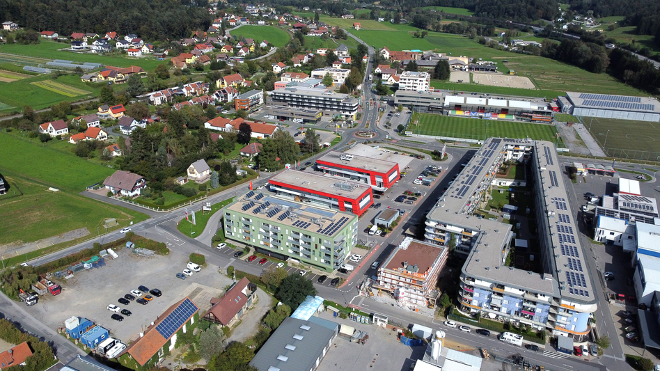 Drohnenaufnahme vom Zentrum von Hart bei Graz