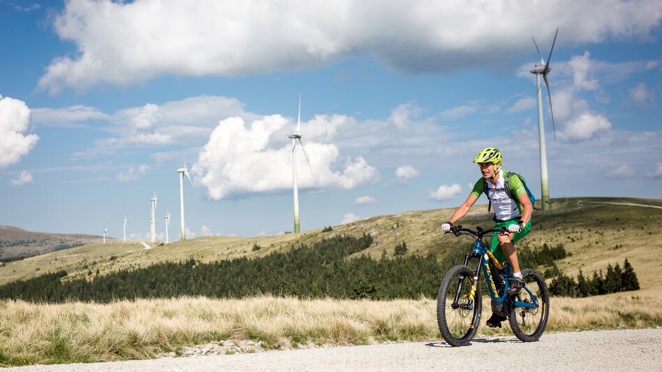 Ein Mountainbiker fährt eine Forstraße entlang, im Hintergrund Windräder