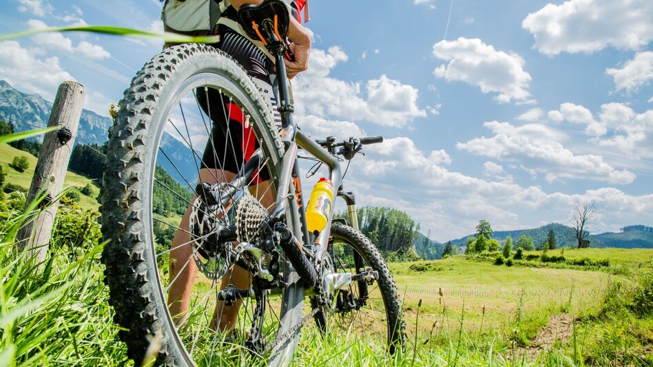 Ein Mountainbiker steht und genießt die Aussicht auf die Almlandschaft