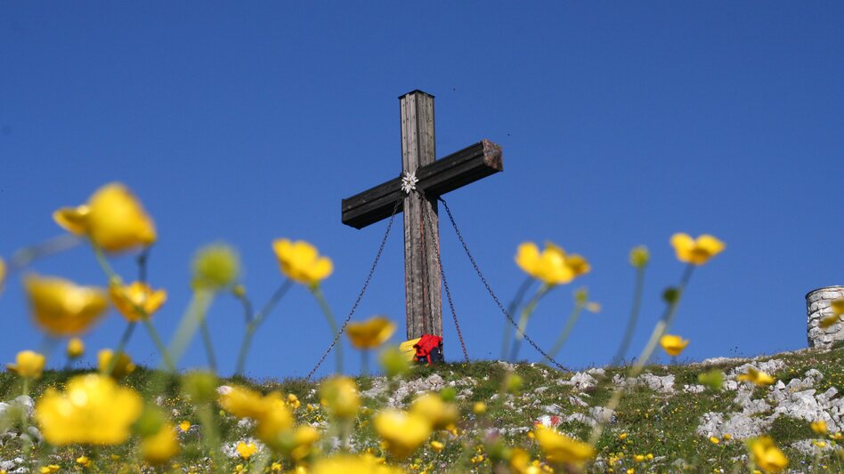 Ein Gipfelkreuz, eine blühende Almsommerwiese