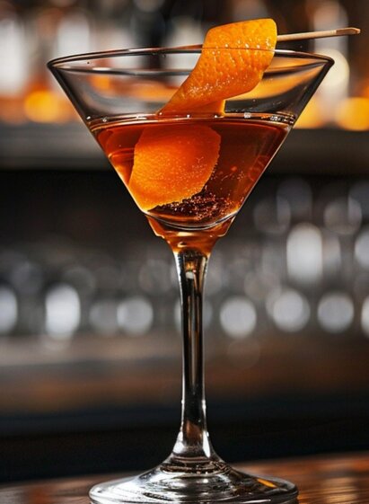 Symbolbild Cocktailglas mit Orangenzeste | © Midjourney_Sarah Herzog